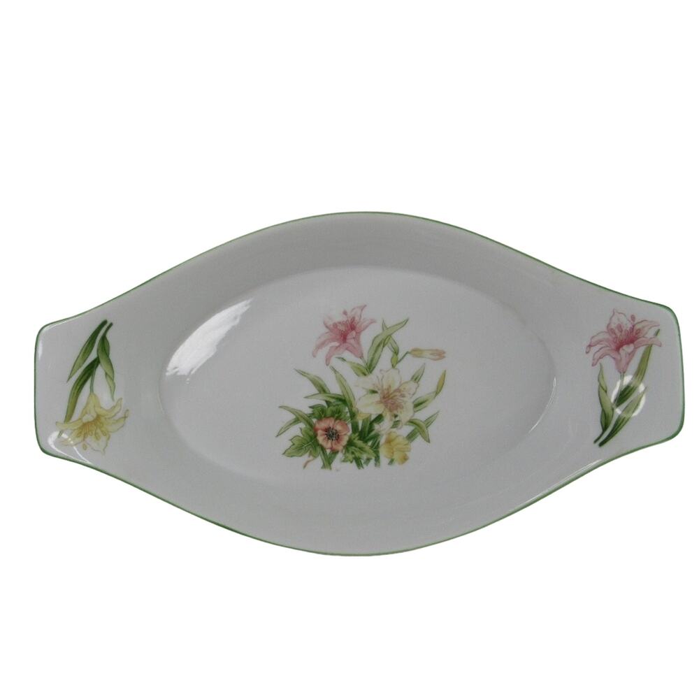 Vintage 1960s Jade Lily Oval Serving Dish Fine Porcelain